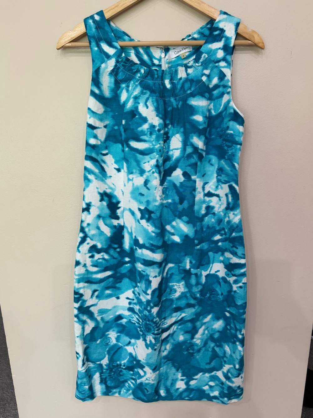 Calvin Klein Sheath Dress Womens Size 4 Sleeveless Linen Blend Teal Aqua Summer